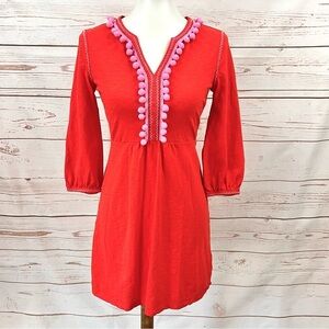 Boden Carina Pom Pom Cotton 3/4 Sleeves V-neck Boho Babydoll Dress